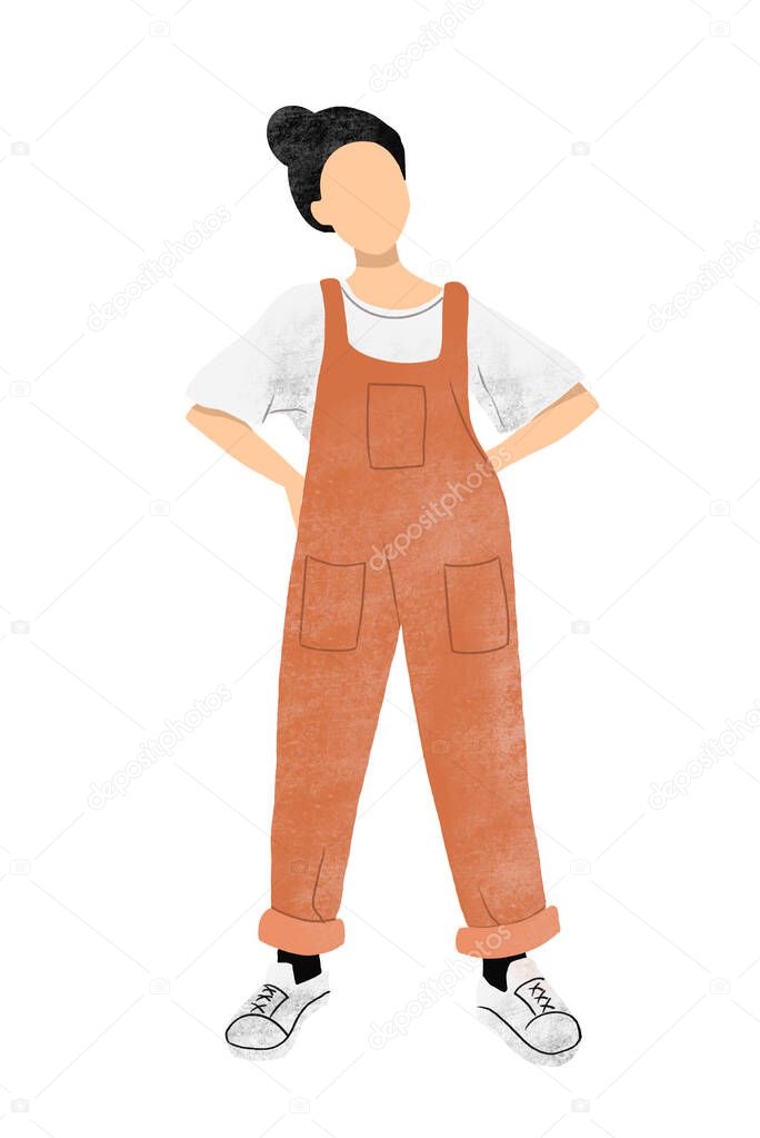 Abstract figure of a woman in an orange jumpsuit. Fashion modern illustration on white isolated background