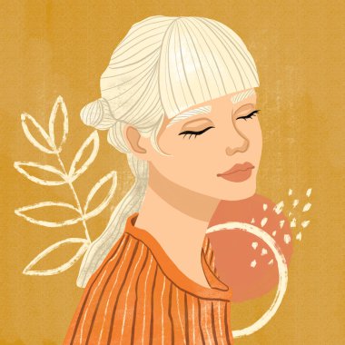 Çizgili turuncu bluzlu güzel albino kadın. Soyut arka planda modern soyut moda portresi, el çizimi illüstrasyon
