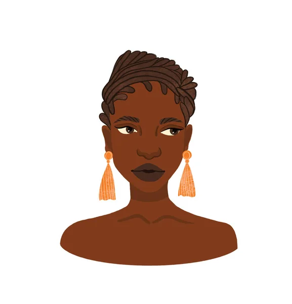 漂亮的非洲女人 戴着橙色耳环 白色孤立背景的手绘抽象肖像 — 图库照片