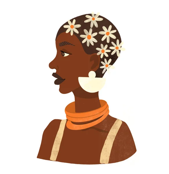 美丽的非洲女人 头发上长着花 白色孤立背景的手绘抽象肖像 — 图库照片