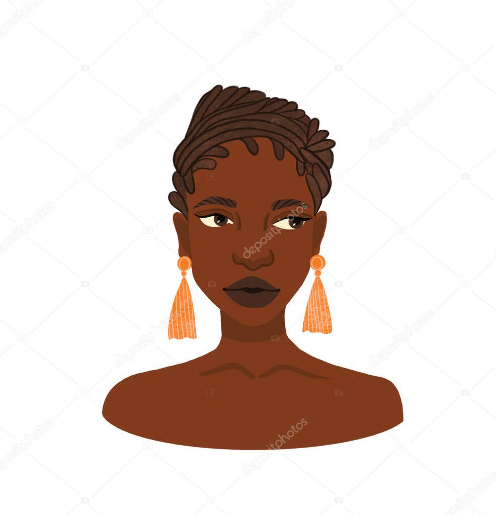 Beautiful African woman with orange earrings. Hand drawn abstract portrait on white isolated background