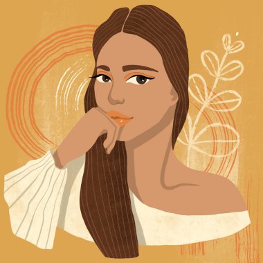 Kahverengi saçlı ve beyaz kazaklı güzel bir kadın. Soyut arka planda modern soyut moda portresi, el çizimi.