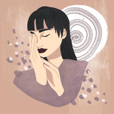 Güzel Asyalı kadın. Soyut arkaplanda el çizimi modern portre