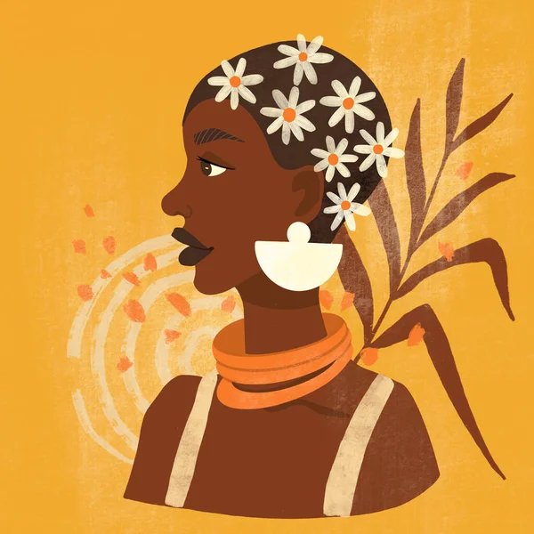美丽的非洲女人 头发上长着花 抽象背景的手绘肖像 — 图库照片