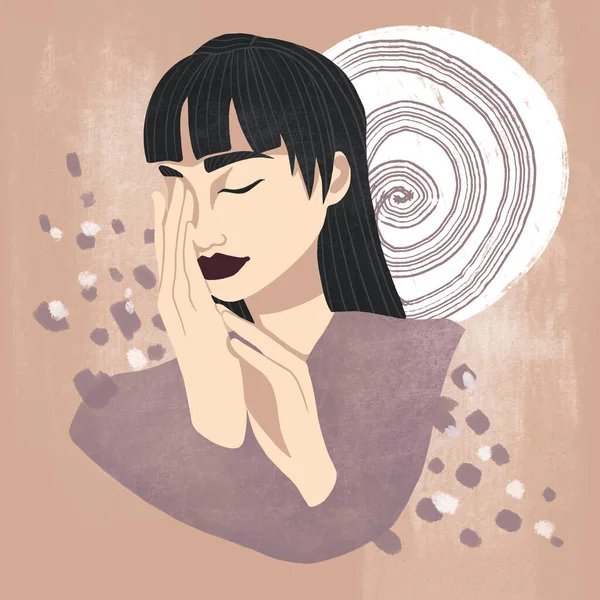 Güzel Asyalı kadın. Soyut arkaplanda el çizimi modern portre