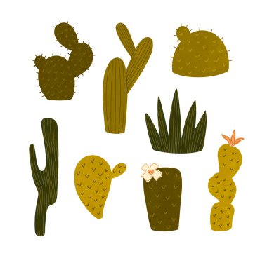Kaktüs koleksiyonu. Beyaz arkaplanda modern el çizimi