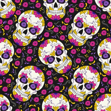 Gün çiçek süsleme ile Dead kafatası. Seamless modeli. Meksika şeker kafatası. Vektör çizim