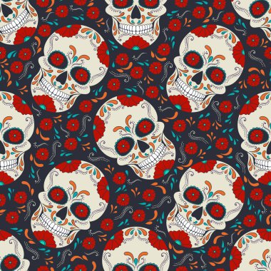 Gün çiçek süsleme ile Dead kafatası. Seamless modeli. Meksika şeker kafatası. Vektör çizim
