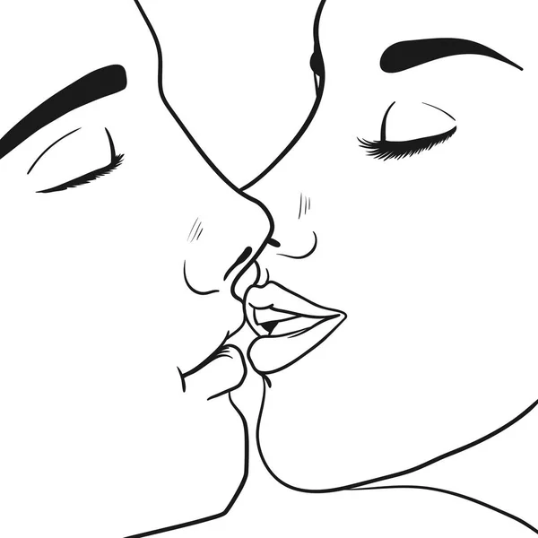 Φιλώντας Ζευγάρι Άνδρες Και Γυναίκες Σκίτσο Μαύρο Και Άσπρο Εικονογράφηση — Διανυσματικό Αρχείο