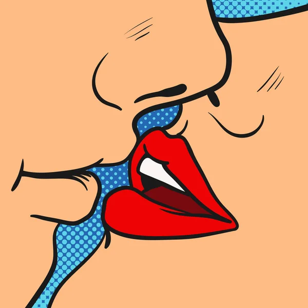 カップルはキス 男性と女性 ポップアート ビンテージ ベクトル図 — ストックベクタ