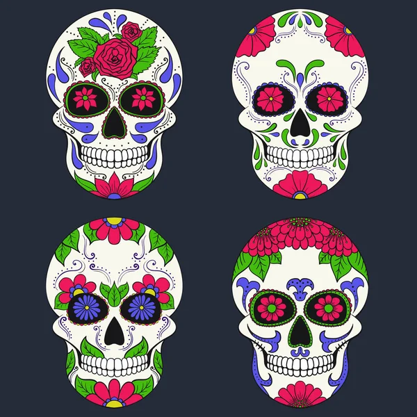 Ημέρα Του Νεκρό Κρανίο Λουλούδια Στολίδι Σύνολο Κρανίο Μεξικού Ζάχαρη — Διανυσματικό Αρχείο