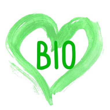 Metin Bio kalp yeşil suluboya arka plan üzerinde. Vektör çizim