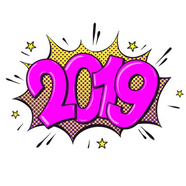 2019 mutlu yeni yıl. Komik metin. Pop sanat vintage vektör çizim