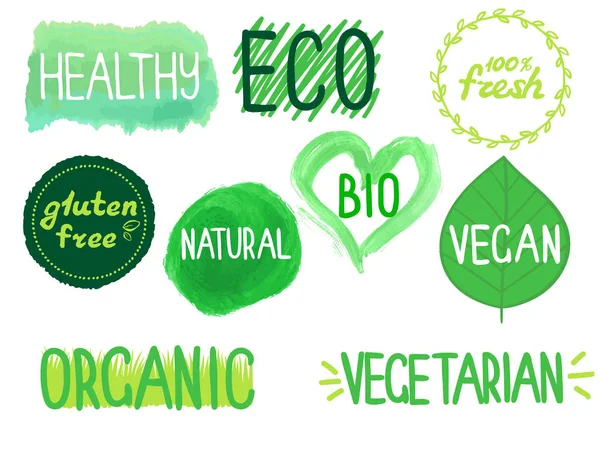 Eco Orgánico Bio Fresco Natural Vegetariano Vegetariano Sin Gluten Signos — Vector de stock