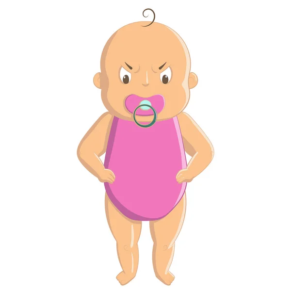 Angry Cartoon Baby Hands Hips Sucking Pacifier Vector Illustration — Stock Vector