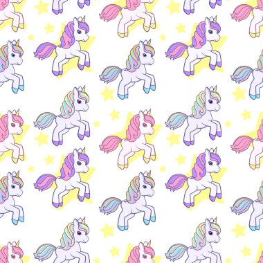 Sevimli çizgi film tek boynuzlu at seamless modeli çalıştırıyor. Vektör çizim