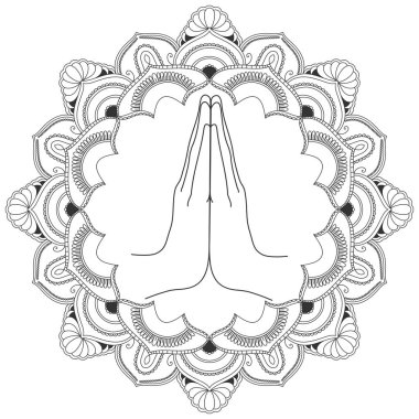 Namaste ile dekoratif Hint süsleme mandala beyaz arka plan üzerinde. Vektör çizim