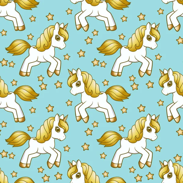 Seamless Pattern Running Cute Cartoon Unicorn Stars Vector Illustration — Stock Vector