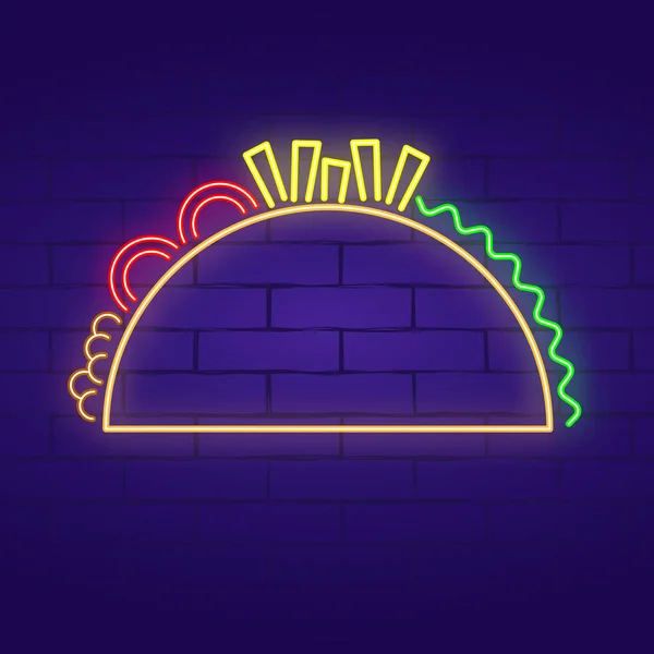 Tacos Sinal Néon Fundo Parede Tijolo Bandeira Luz Ilustração Vetorial — Vetor de Stock