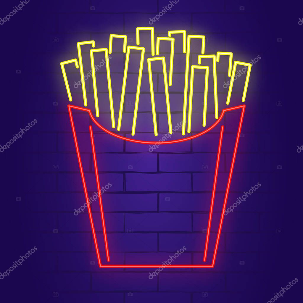 French fries neon sign on brick wall background. Light banner. Vector illustration