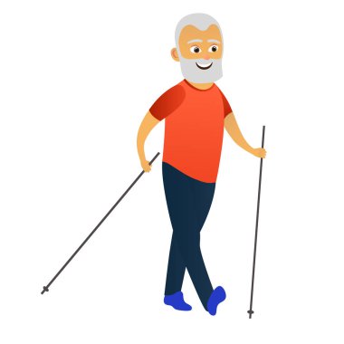 Mutlu yaşlı adamlar direkleri kuzey yürüyüşü ile yürüyüş giyim spor giyinmiş. Beyaz arka plan üzerinde izole çizgi film karakteri. Vektör çizim