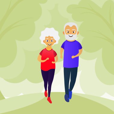 Mutlu yaşlı adamlar giyinmiş spor giyim fitness, koşu yapıyor. Etkin yaşlı adam. Çizgi film karakteri. Vektör çizim