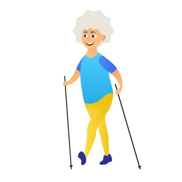 Happy Old Women Dressed Sports Clothing Walking Nordic Walking Poles — Stock Vector