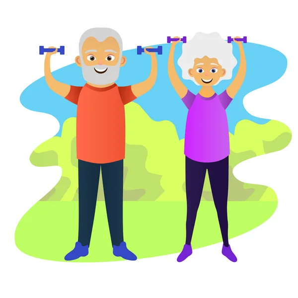 Old Man Woman Doing Fitness Exercises Dumbbells Together Elderly People — Stock Vector