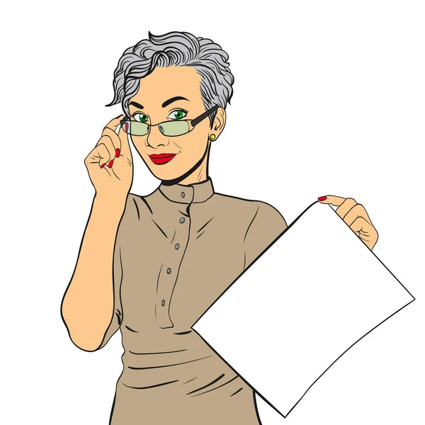 Mujer Gafas Aisladas Sobre Fondo Blanco Chica Con Pedazo Papel — Vector de stock