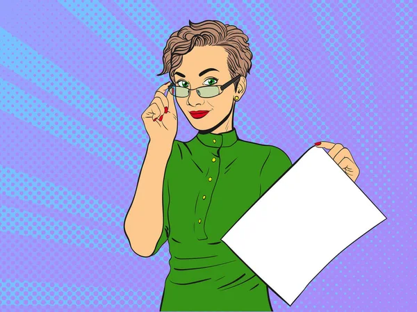 Kadın gözlük paper.Comic kız boş parça ile. Pop sanat vintage vektör çizim