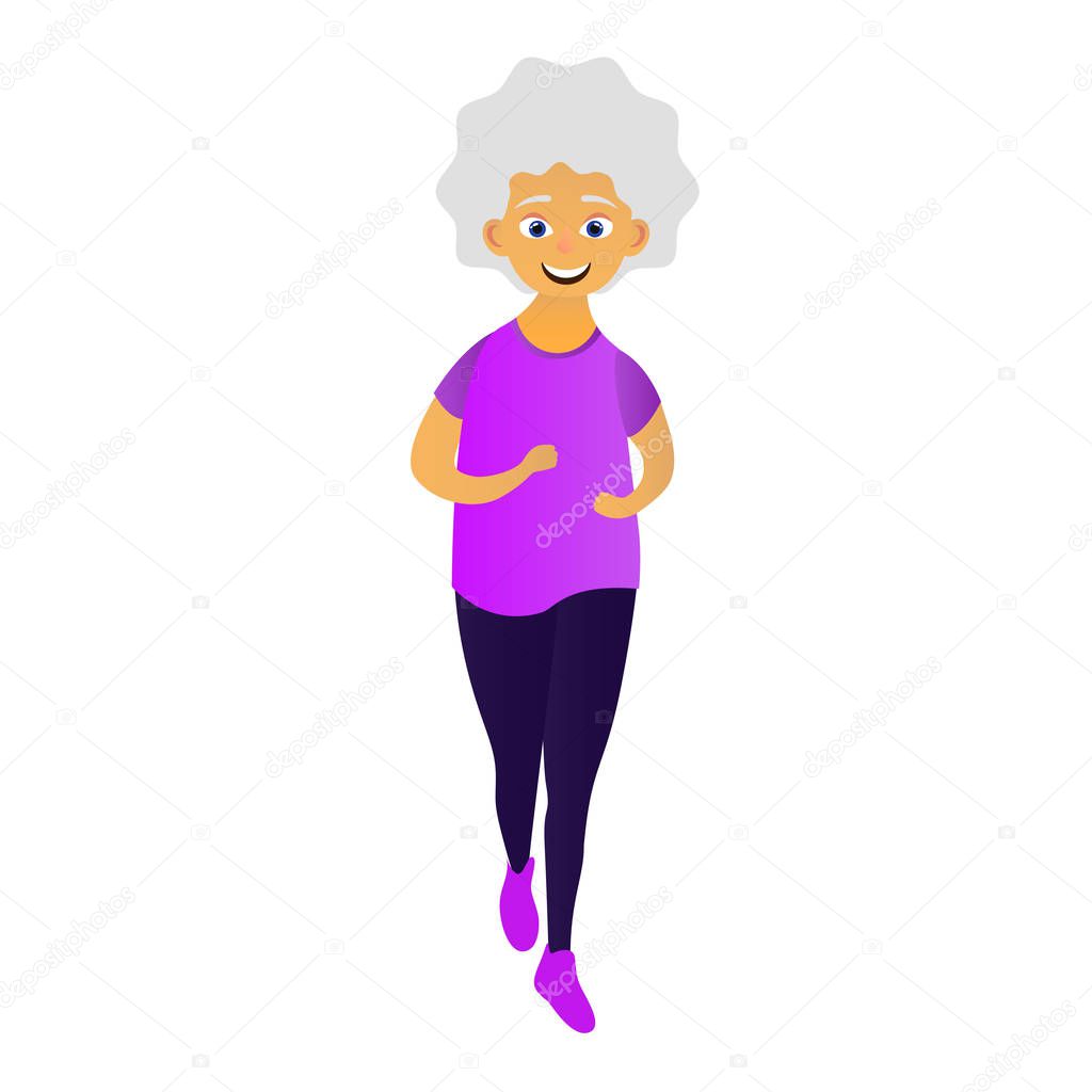 Happy old women dressed in sports clothing doing fitness, running. Active elderly woman. Cartoon character isolated on white background. Vector illustration