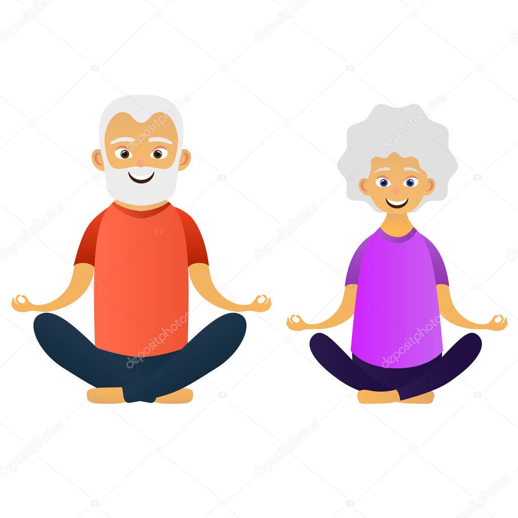 Happy old couple dressed in sports clothing practicing yoga exercises. Cute grandmother and grandfather. Active elderly man. Cartoon character. Vector illustration