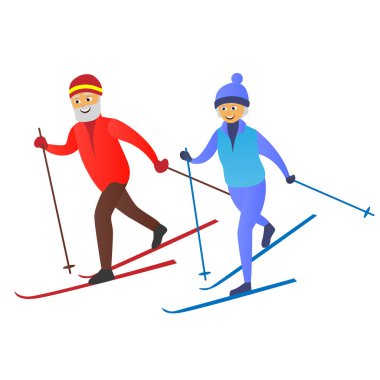 Yaşlı adam ve kadın birlikte kayak. Yaşlı insanlar aktif yaşam tarzı. Vektör çizim