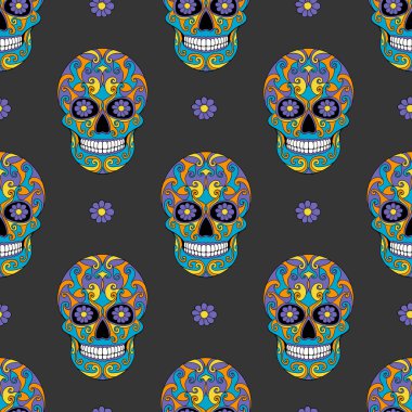 Gün çiçek süsleme ile Dead kafatası. Seamless modeli. Meksika şeker kafatası. Vektör çizim