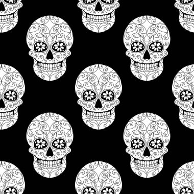 Gün çiçek süsleme ile Dead kafatası. Seamless modeli. Meksika şeker kafatası. Vektör çizim