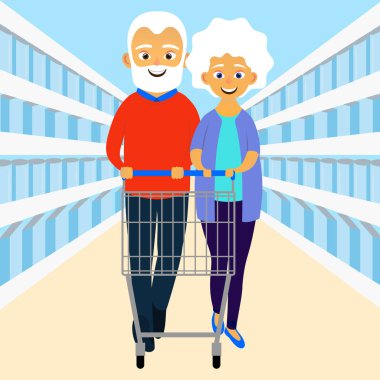 Mutlu yaşlı kadınlar ve erkekler bakkal ya da süpermarket alışveriş sepeti ile. Sevimli büyükanne ve büyükbaba. Yaşlı çift. Çizgi film karakteri. Vektör çizim