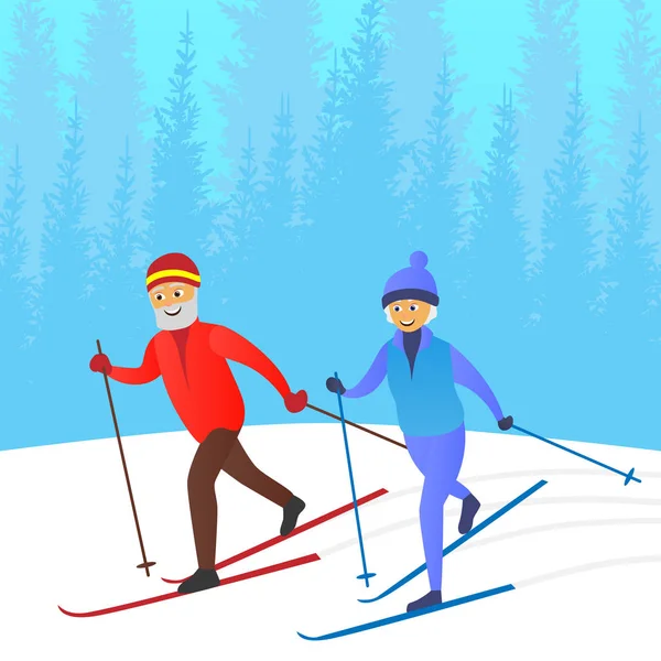 Old Man Woman Skiing Together Elderly People Active Lifestyle Vector — Stock Vector