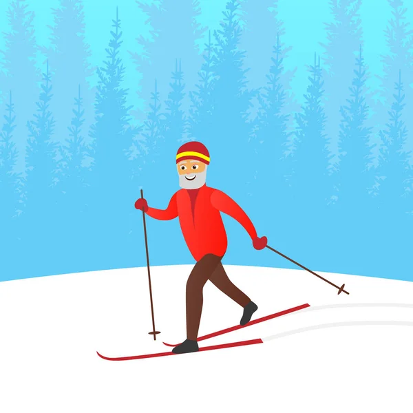 Happy old men dressed in sports clothing skiing. Cute grandfather. Active elderly man. Cartoon character. Vector illustration