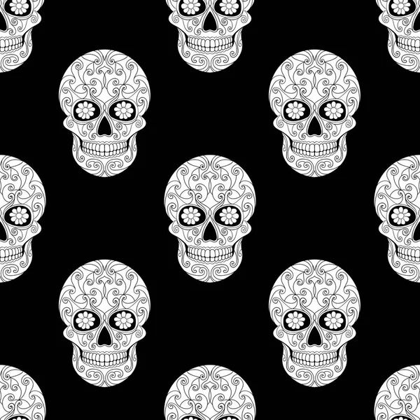 死头骨的天与花卉装饰品 无缝模式 墨西哥糖头骨矢量插图 — 图库矢量图片