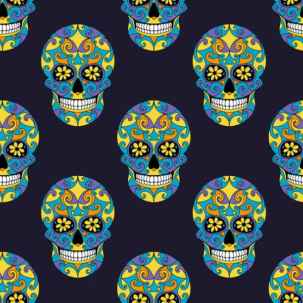 死头骨的天与花卉装饰品 无缝模式 墨西哥糖头骨矢量插图 — 图库矢量图片