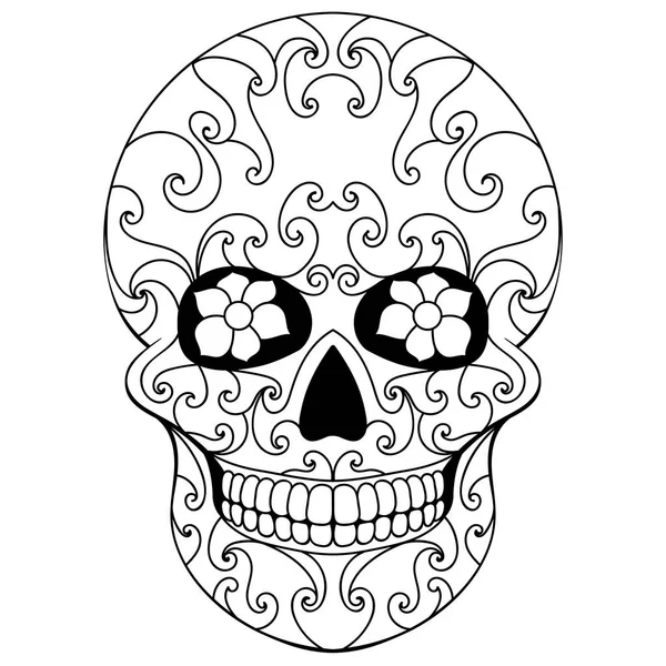 花飾りと死んでいる頭蓋の日 メキシコの骸骨 ベクトル図 — ストックベクタ