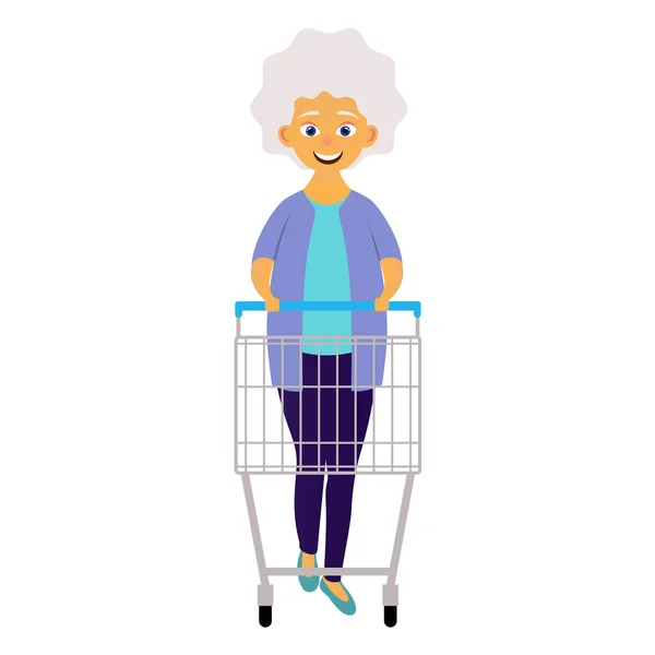 Feliz Anciana Con Carrito Compras Tienda Comestibles Supermercado Linda Abuela — Vector de stock