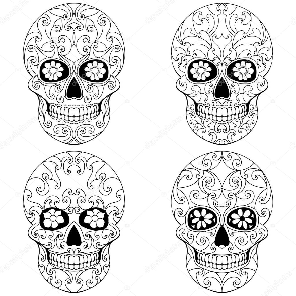 Day of The Dead Skull with floral ornament. Mexican sugar skull set. Vector illustration