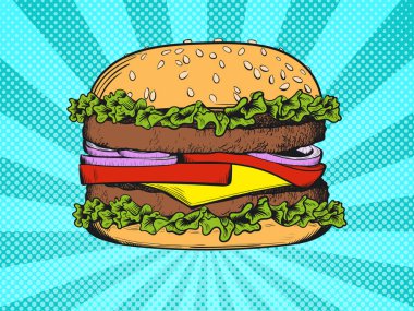 Pirzola, salata, peynir, domates, soğan ile Burger. Pop sanat vintage vektör çizim