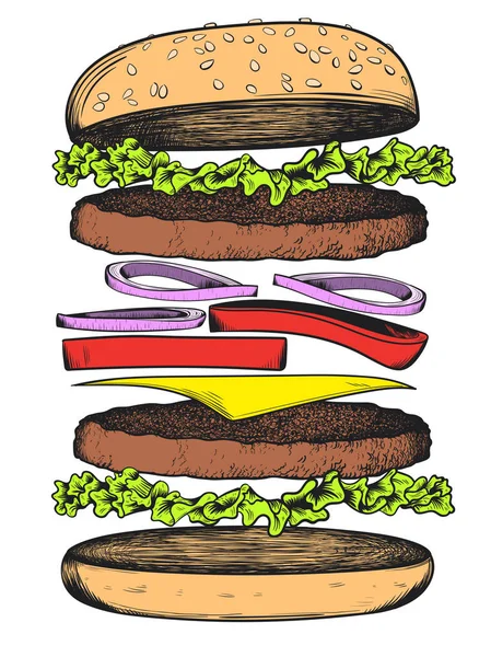 ハンバーガーは 白い背景にスケッチします ベクトル図 — ストックベクタ
