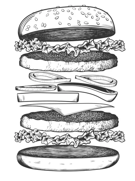 ハンバーガーは 白い背景にスケッチします ベクトル図 — ストックベクタ