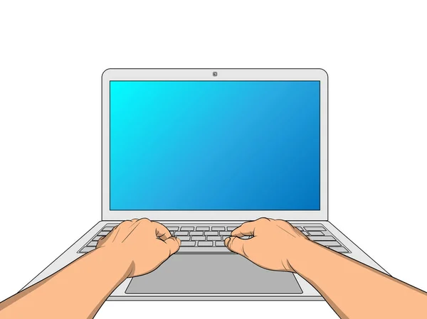 手在笔记本电脑上工作与空白屏幕隔离在白色的背景 向量例证 — 图库矢量图片