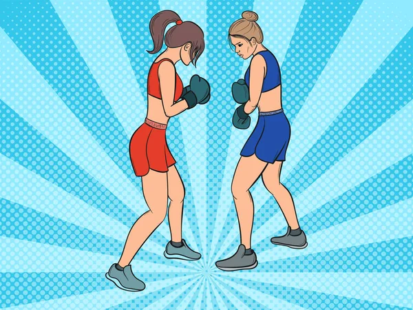 Woman Boxing Girls Sparring Pop Art Vintage Vector Illustration — Stock Vector