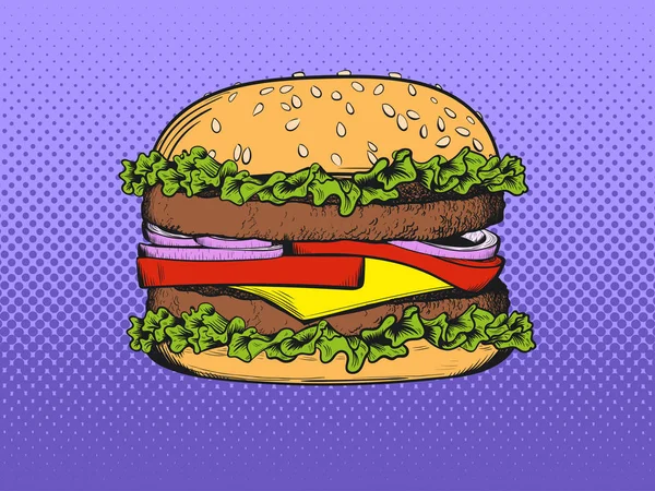 カツレツ サラダ チーズ トマト オニオンのハンバーガー ポップアート ビンテージ ベクトル図 — ストックベクタ