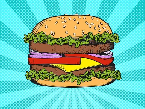 Hamburguesa Con Chuleta Ensalada Queso Tomate Cebolla Pop Art Vintage — Archivo Imágenes Vectoriales